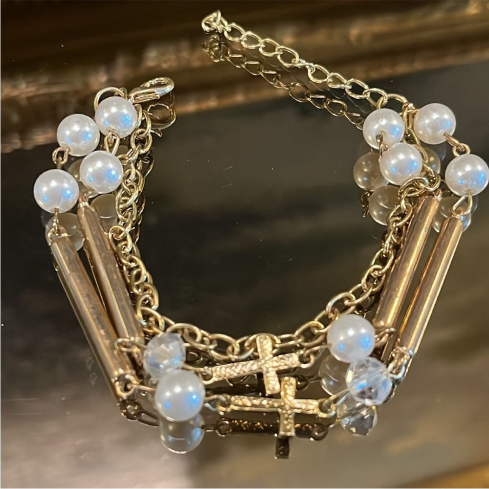 Gold Pearl Cross Bracelet